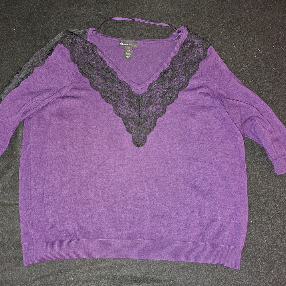 Purple V-Neck Sweater with Black Lace Detail